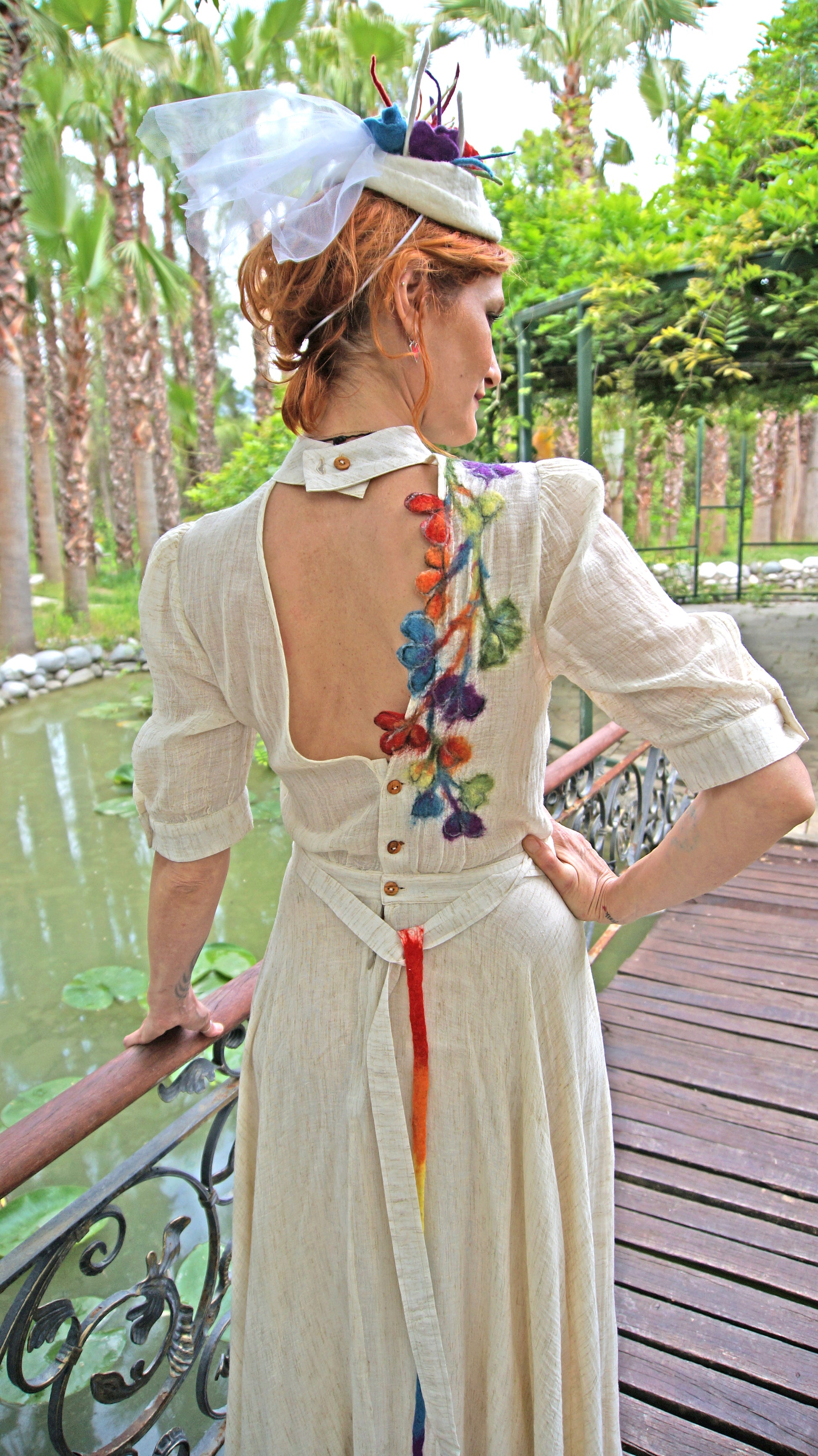 Radiant Romance: Full Bloom: RainbowLovers Felt Wedding Dress / Rainbow Dress with Colorful Flower Back Décolleté.